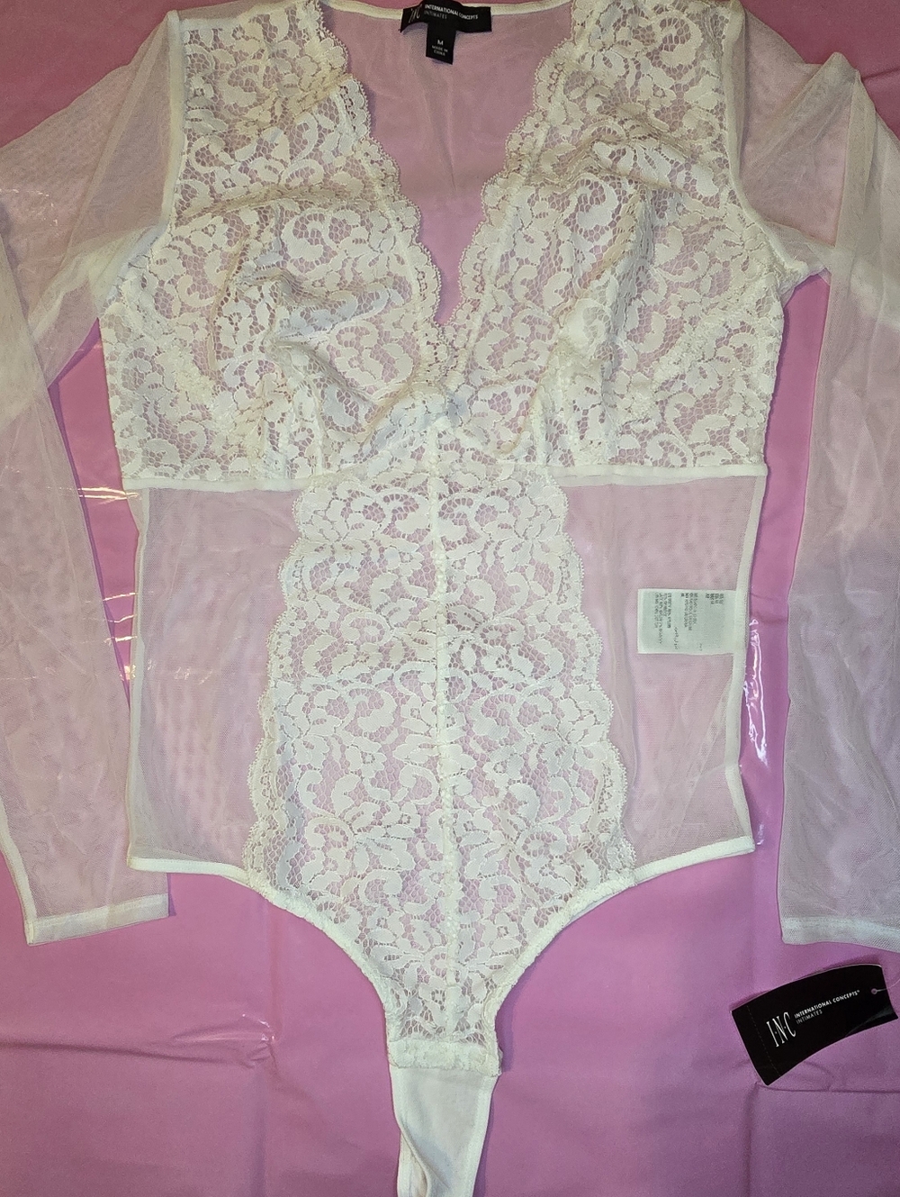INC Lace Mesh Bodysuit Long-Sleeve White Medium Sheer